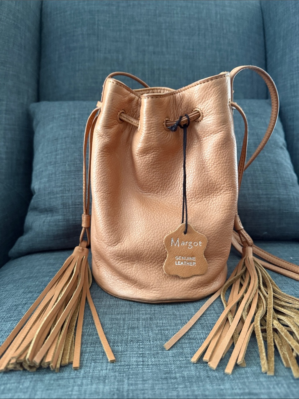 Margot Pebbled Leather Bucket Crossbody in Cognac - Picture 2 of 6